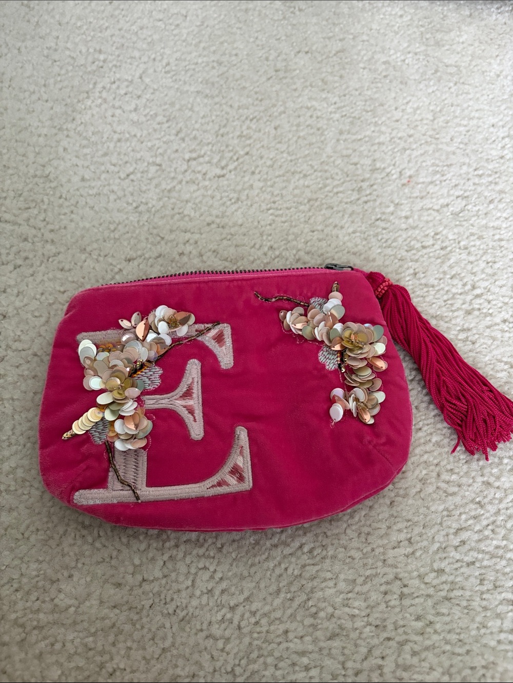 Anthropologie Hot Pink Velvet Sequin Floral Wristlet with Tassel
